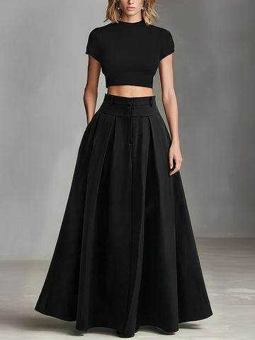 Black Stretch-Knit and Woven Set Featuring Cropped Top and Maxi Dress Timeless Sleek-Chic Style Set Without Belt