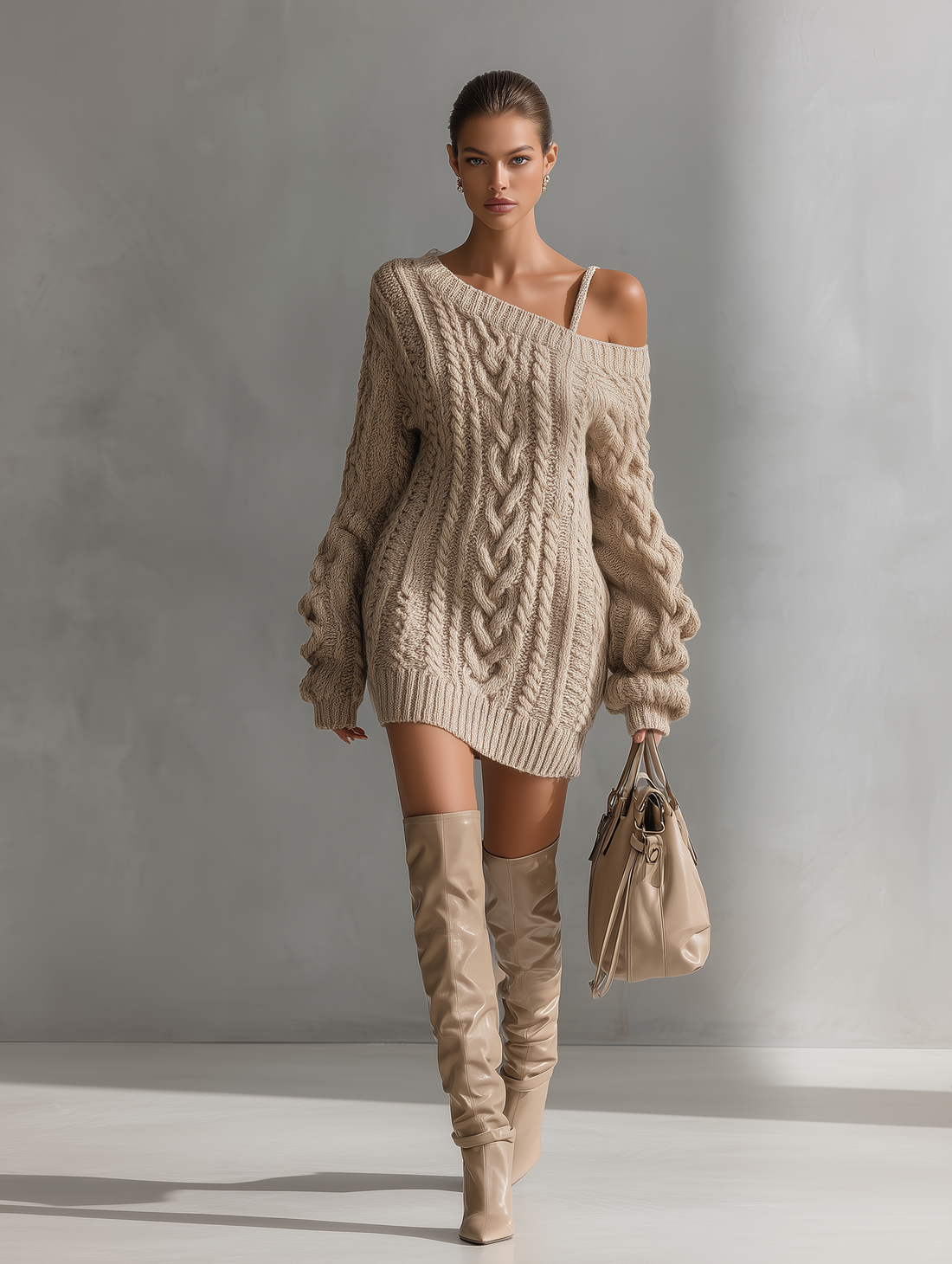 Beige Cable Knit Off-the-Shoulder Mini Dress