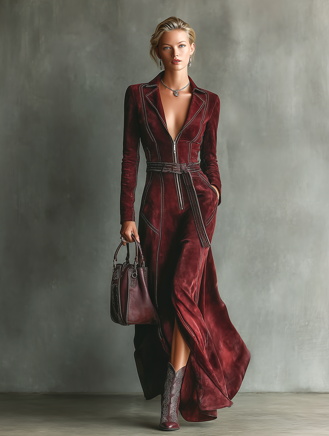 Burgundy Retro Faux Suede Color-Contrast Maxi Dress