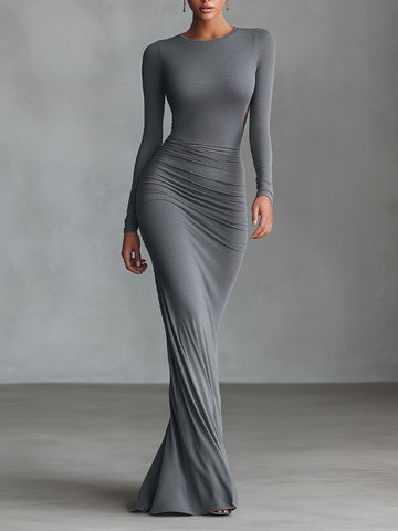 Grey Elegant Stretch Maxi Dress with Ruched Open Back in Polyester-Cotton Blend