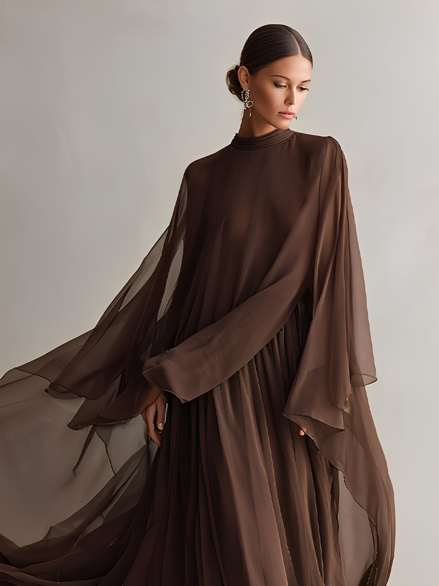 Rich Brown Chiffon Dress With Flowy Maxi Silhouette And Cape-like Design Modern Elegant-Glam Style Dress