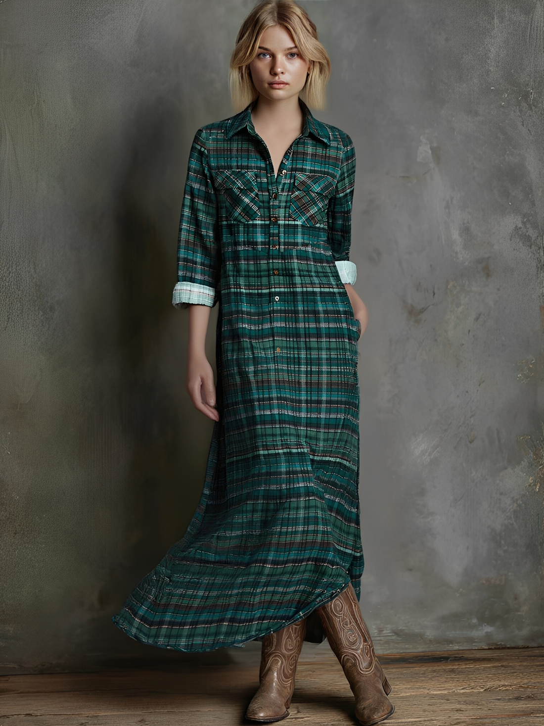 Plaid Print Long-sleeved Maxi Dress