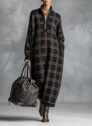 Loose Plaid Knitted Maxi Dress with Zipper Neck
