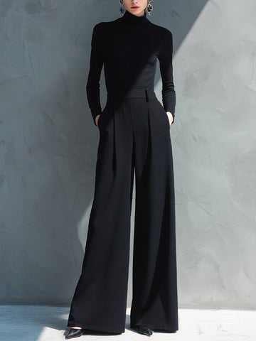 Black Classic Knit Turtleneck Wide Leg Jumpsuit