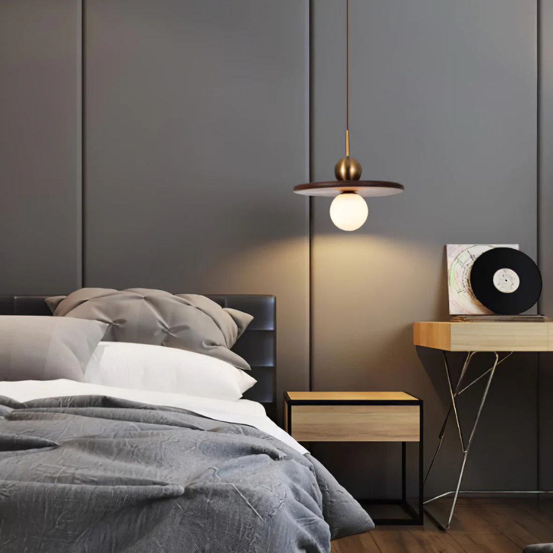 Round Creative Pendant Lamp in Walnut Flying Saucer