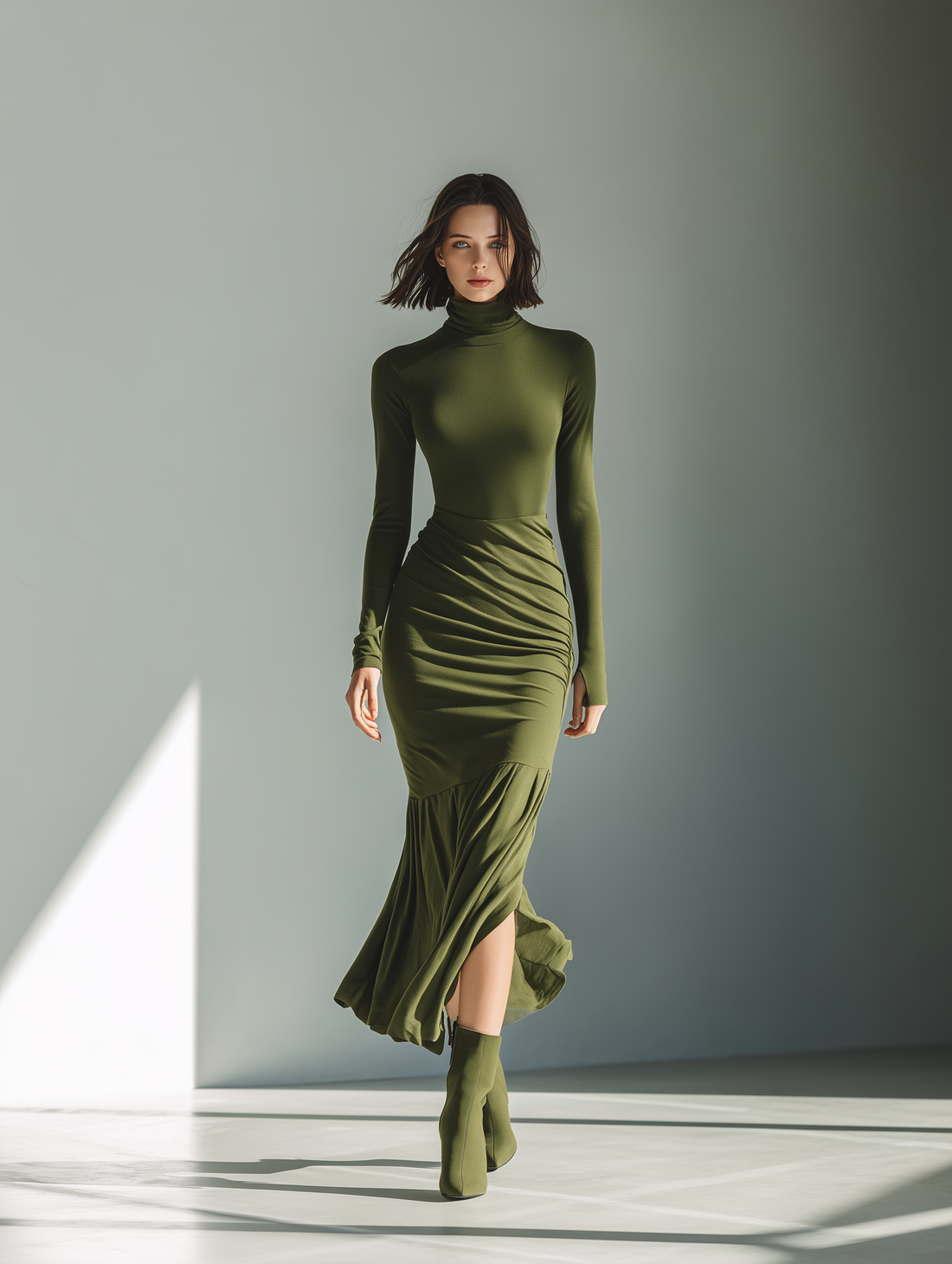 Army Green Stretch Knit High Neck Pleated Slim Fit Maxi Dress