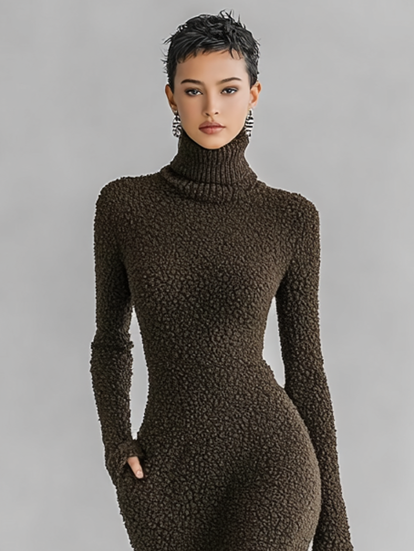 Slim Fit Plush Knitted High Neck Midi Dress with Side Slit