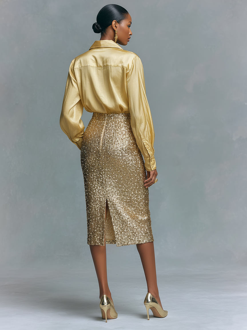 Long-sleeved Shirt and Sequined Pencil Skirt Set