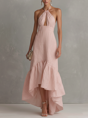Elegant Pink Cotton-Linen Halter Maxi Dress With Front Cutout And Ruffles
