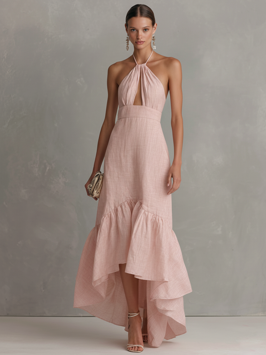 Elegant Pink Cotton-Linen Halter Maxi Dress With Front Cutout And Ruffles