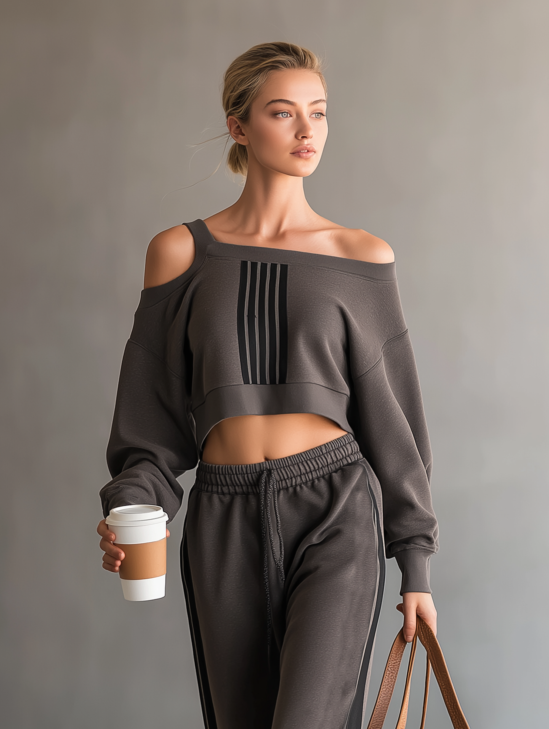 Off-Shoulder Long-Sleeve Cropped Sweatshirt and Sweatpants Set