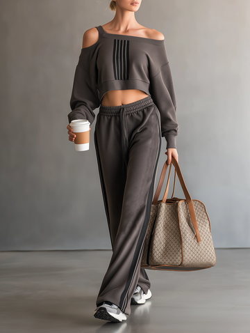 Off-Shoulder Long-Sleeve Cropped Sweatshirt and Sweatpants Set