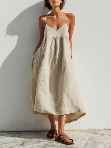 Lightweight Linen Swing Dress With Loose Fit And Asymmetric Hem Contemporary Effortless-Elegant Style