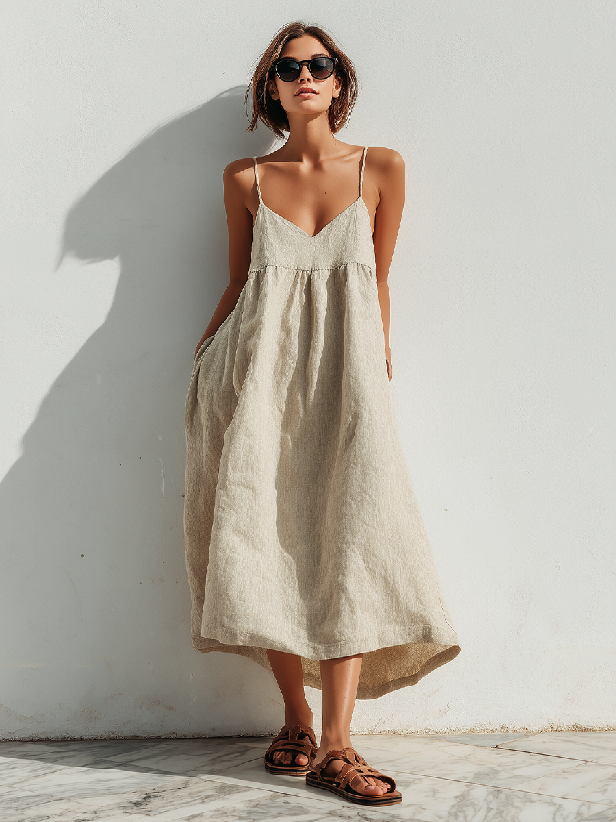 Lightweight Linen Swing Dress With Loose Fit And Asymmetric Hem Contemporary Effortless-Elegant Style