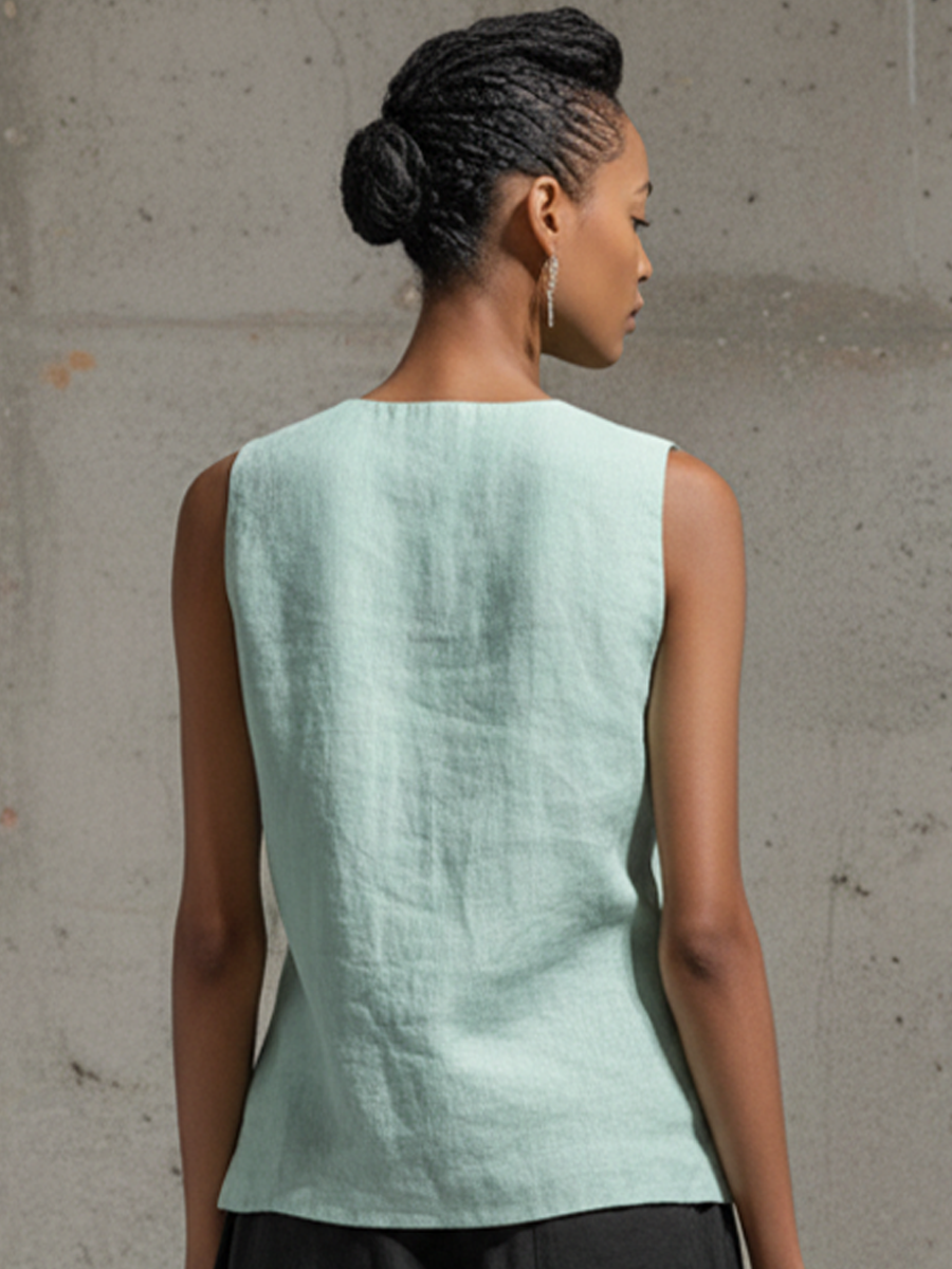 Casual Mint Green Cotton Linen V-Neck Sleeveless Knotted Top
