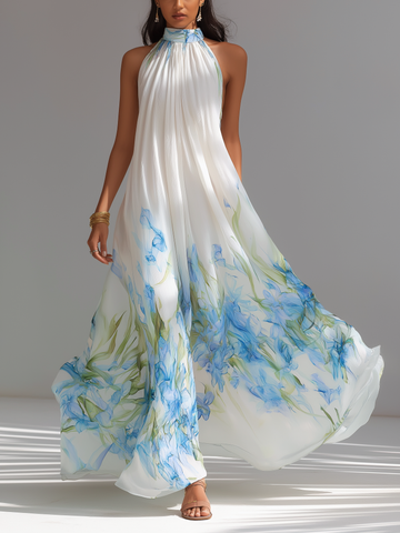 Elegant White Printed Chiffon Halter-Neck Sleeveless Maxi Dress