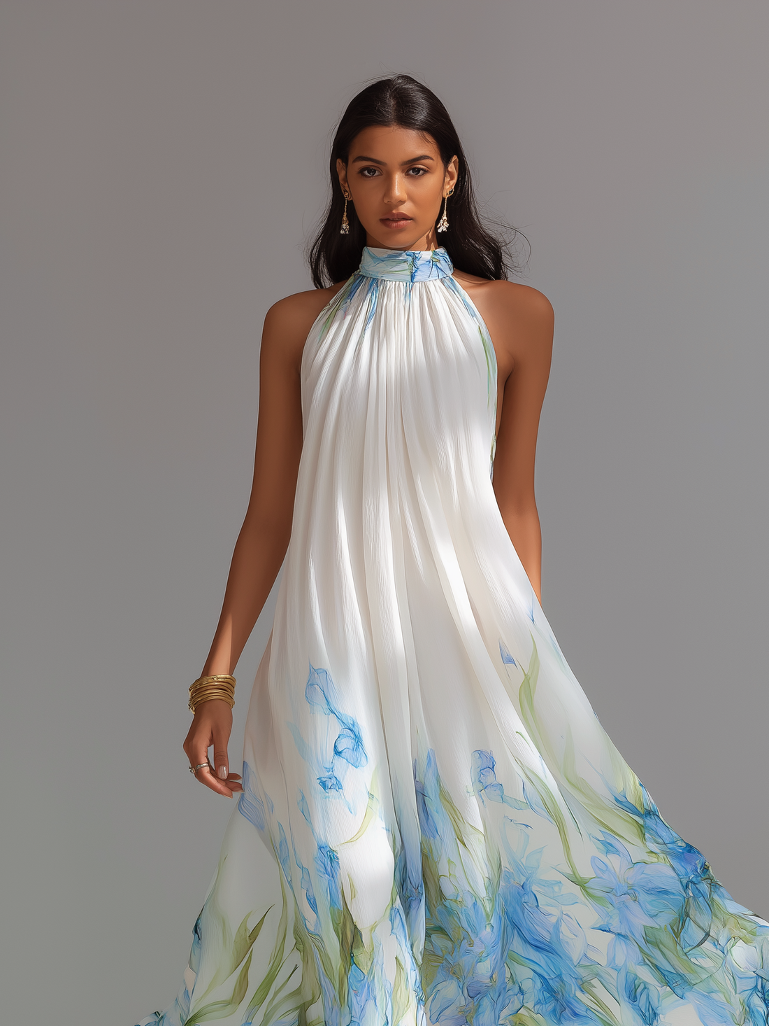 Elegant White Printed Chiffon Halter-Neck Sleeveless Maxi Dress