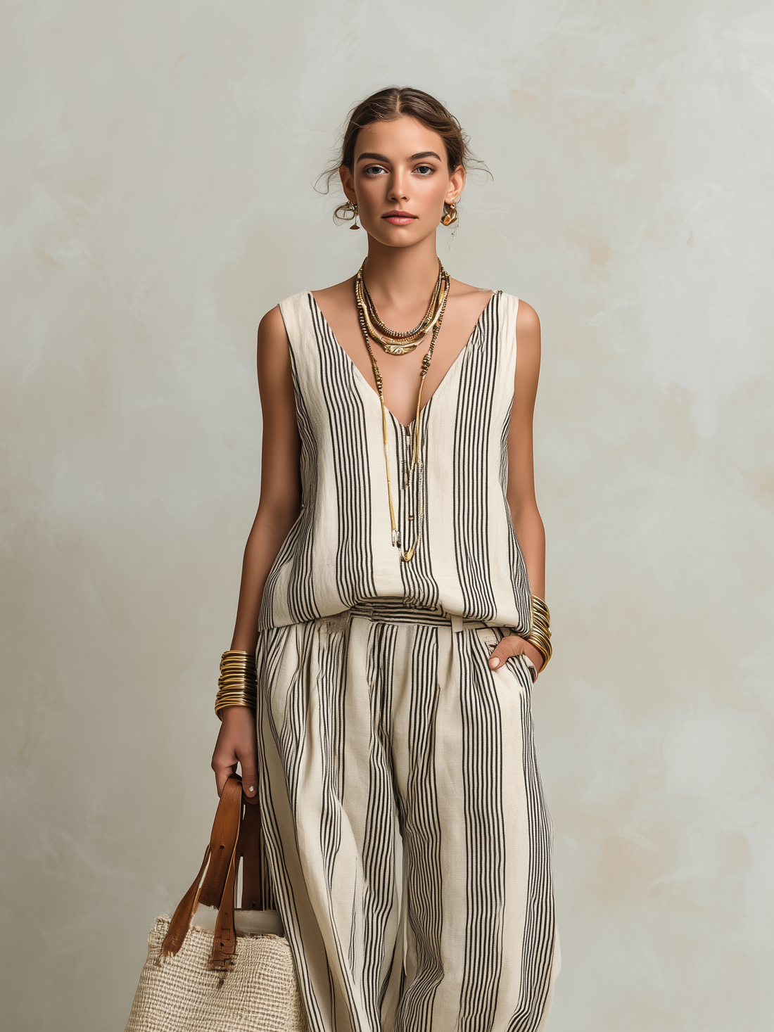 Casual Black And White Striped Woven V-Neck Sleeveless Top With Trousers
