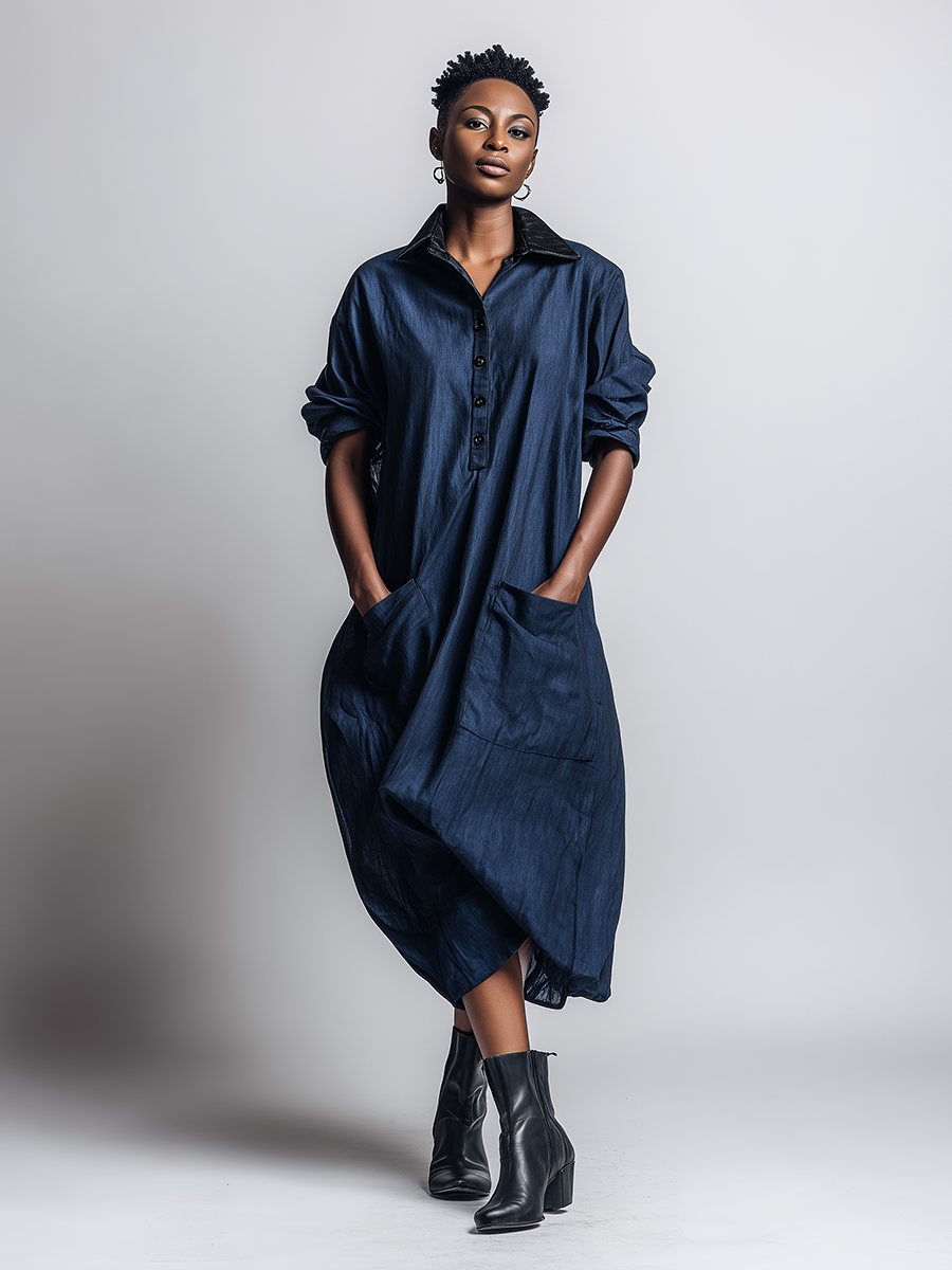 Minimalist Workwear-Style Commuter Dress Loose-Fit Distressed Dark Blue With Leather Collar