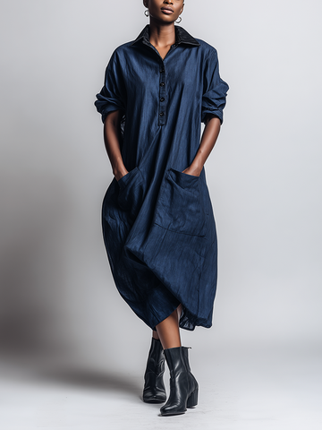 Minimalist Workwear-Style Commuter Dress Loose-Fit Distressed Dark Blue With Leather Collar