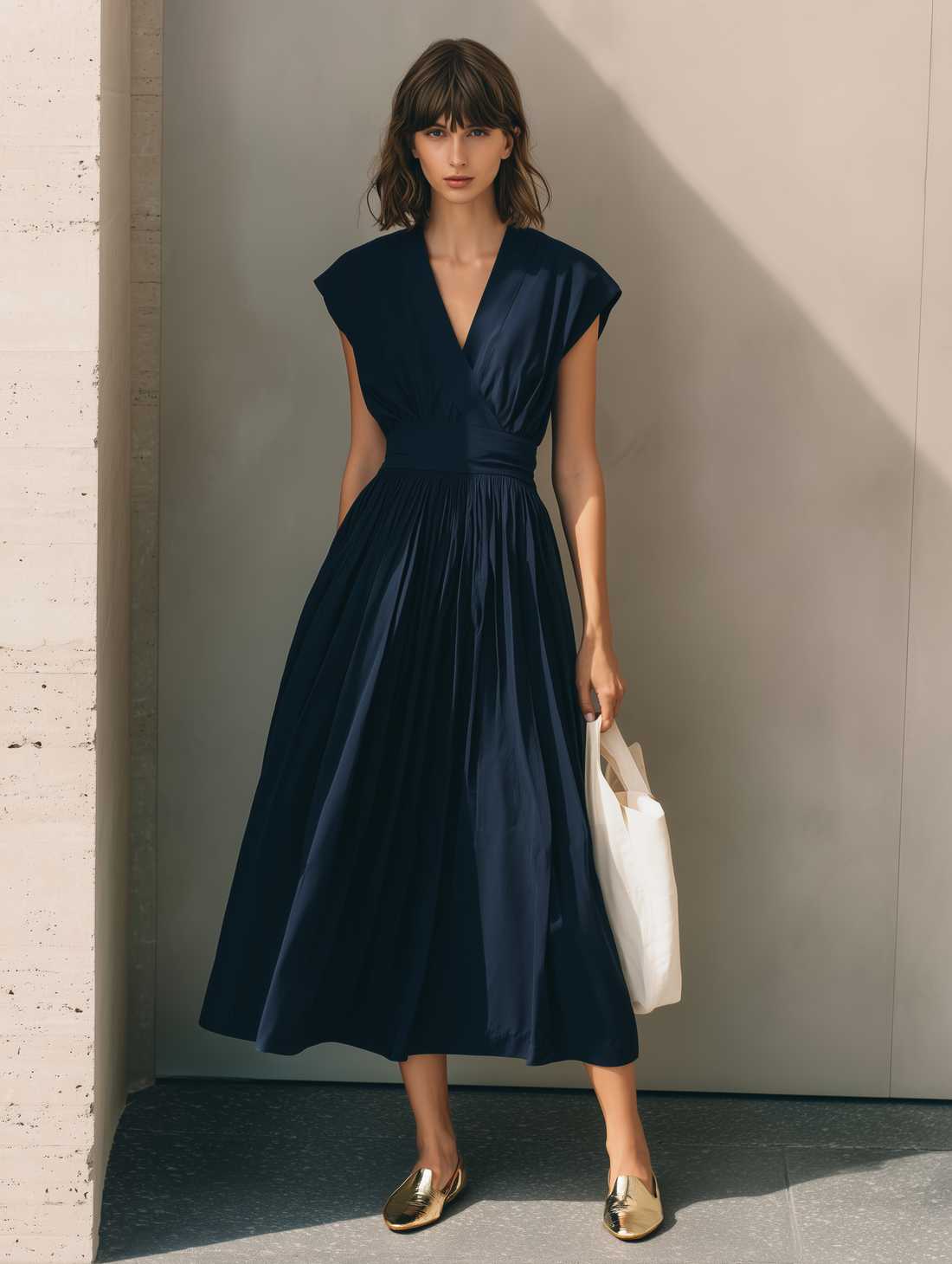Modern Minimalist French-Style Elegant Dress in Deep Navy Blue with V-Neck X-Silhouette and Cinched Waist