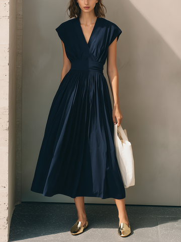 Modern Minimalist French-Style Elegant Dress in Deep Navy Blue with V-Neck X-Silhouette and Cinched Waist