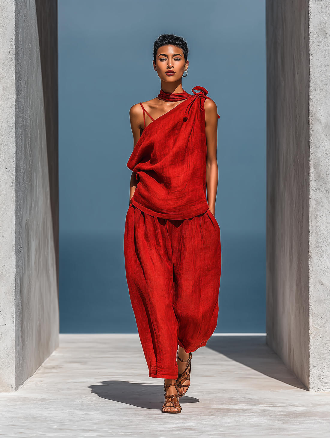 Red Linen-Blend Two-Piece Set: Asymmetrical One-Shoulder Top Without Neck Scarf and Wide-Leg Pants With Pockets