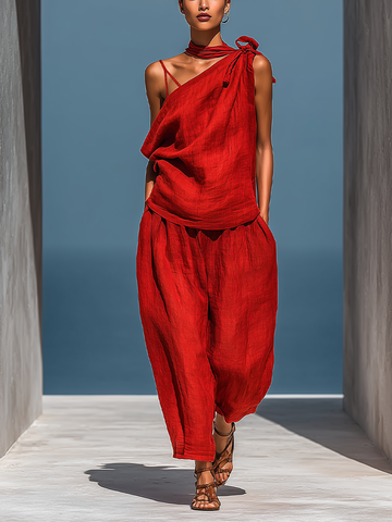 Red Linen-Blend Two-Piece Set: Asymmetrical One-Shoulder Top Without Neck Scarf and Wide-Leg Pants With Pockets