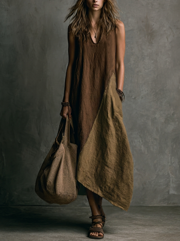 Casual Brown And Khaki Cotton-Linen Patchwork V-Neck Sleeveless Asymmetrical Long Dress