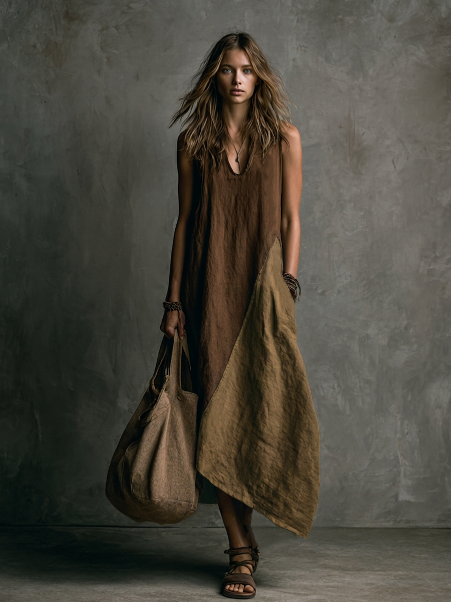 Casual Brown And Khaki Cotton-Linen Patchwork V-Neck Sleeveless Asymmetrical Long Dress