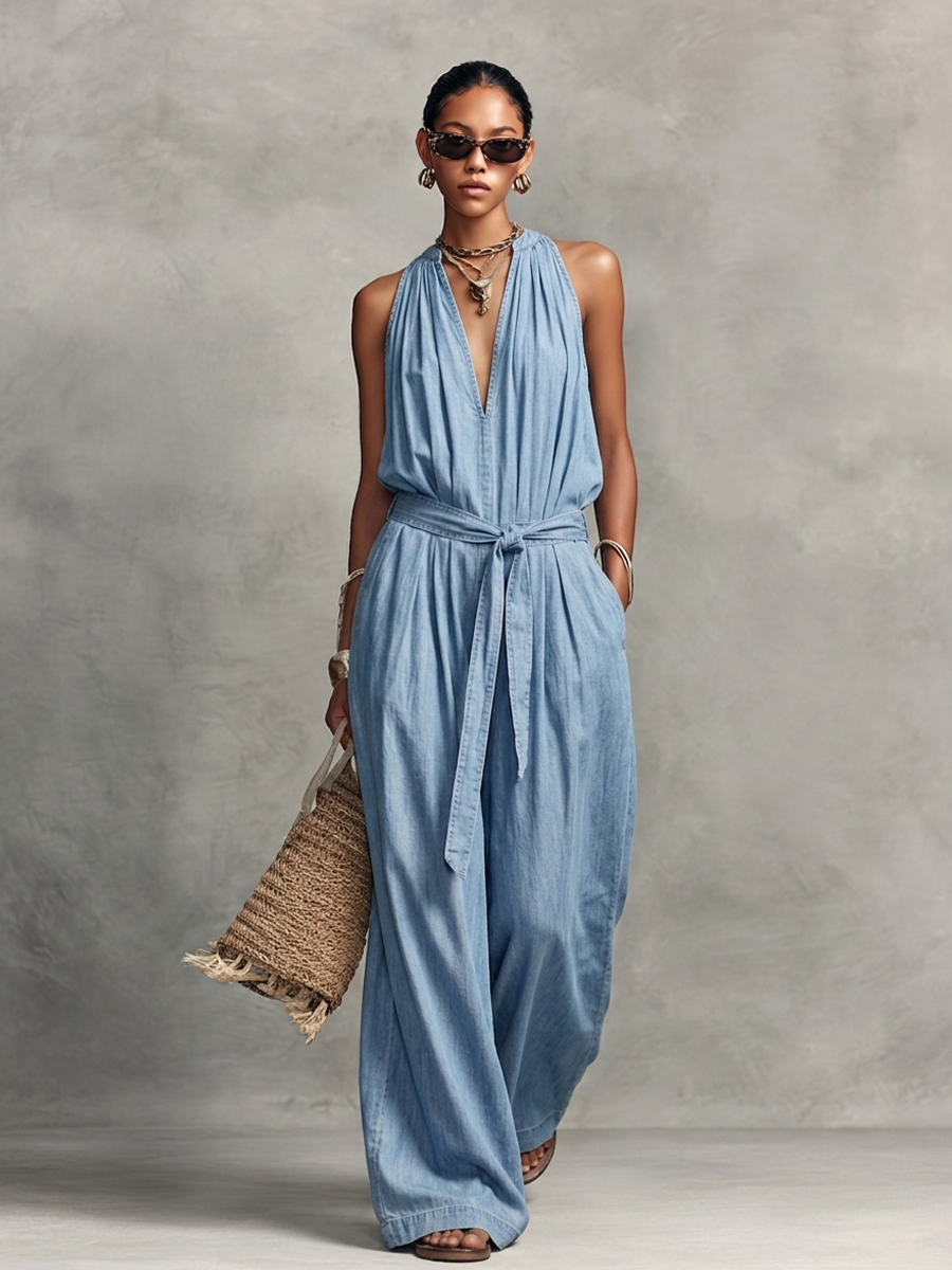 Casual Light Blue Denim-Look Halter V-Neck Tie-Waist Wide-Leg Jumpsuit