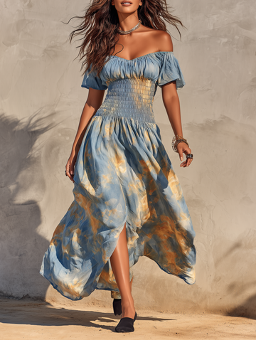 Off-Shoulder Short-Sleeve Maxi Dress for Vacation in Watercolor Ombré Print