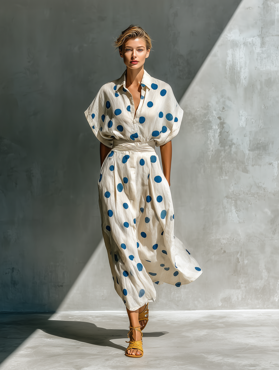 Off-White Polka Dot Shirt Dress in Linen-Blend with Waist Cincher and Pockets