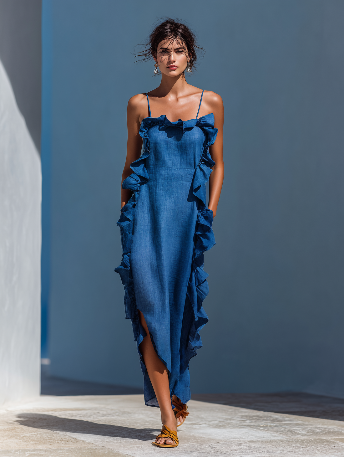 Blue Linen-Blend Maxi Dress with Spaghetti Straps Ruffle Trim and Slit