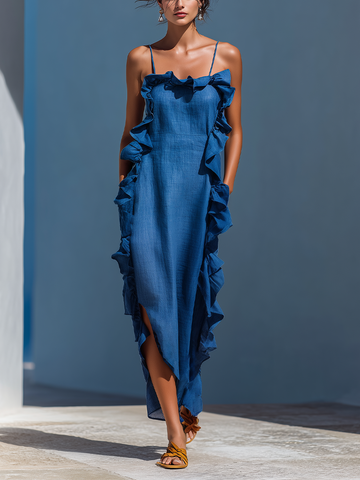 Blue Linen-Blend Maxi Dress with Spaghetti Straps Ruffle Trim and Slit