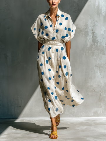 Off-White Polka Dot Shirt Dress in Linen-Blend with Waist Cincher and Pockets
