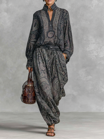 Vintage Paisley Print Stand-up Collar Long Sleeve Shirt and Trousers Two-piece Set