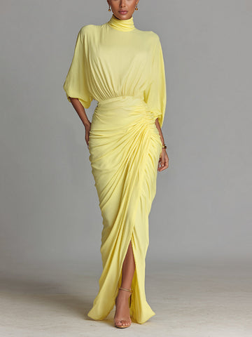 Bright Yellow Drape Comfortable Blended Maxi Dress