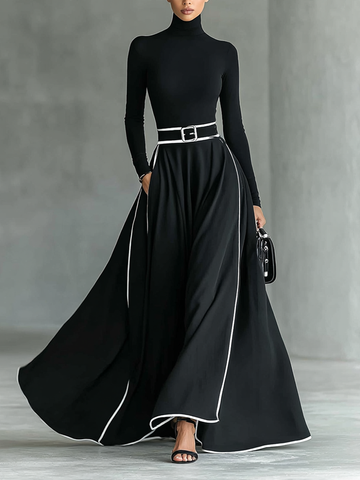 Black Stitching White Trim High Collar Long Sleeve Tight Belt Maxi Dress