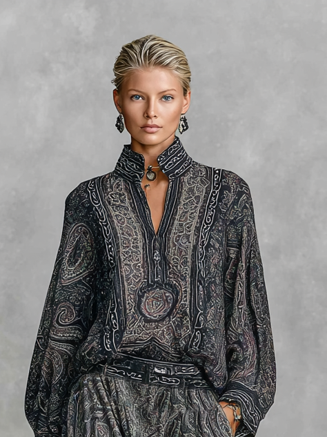 Vintage Paisley Print Stand-up Collar Long Sleeve Shirt and Trousers Two-piece Set