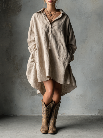 Fashion Loose Mini Dress in Cotton and Linen with Button Lapel