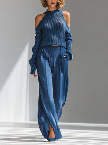 Blue Ribbed Knit Cold Shoulder Sweater and Wide Leg Pants Set
