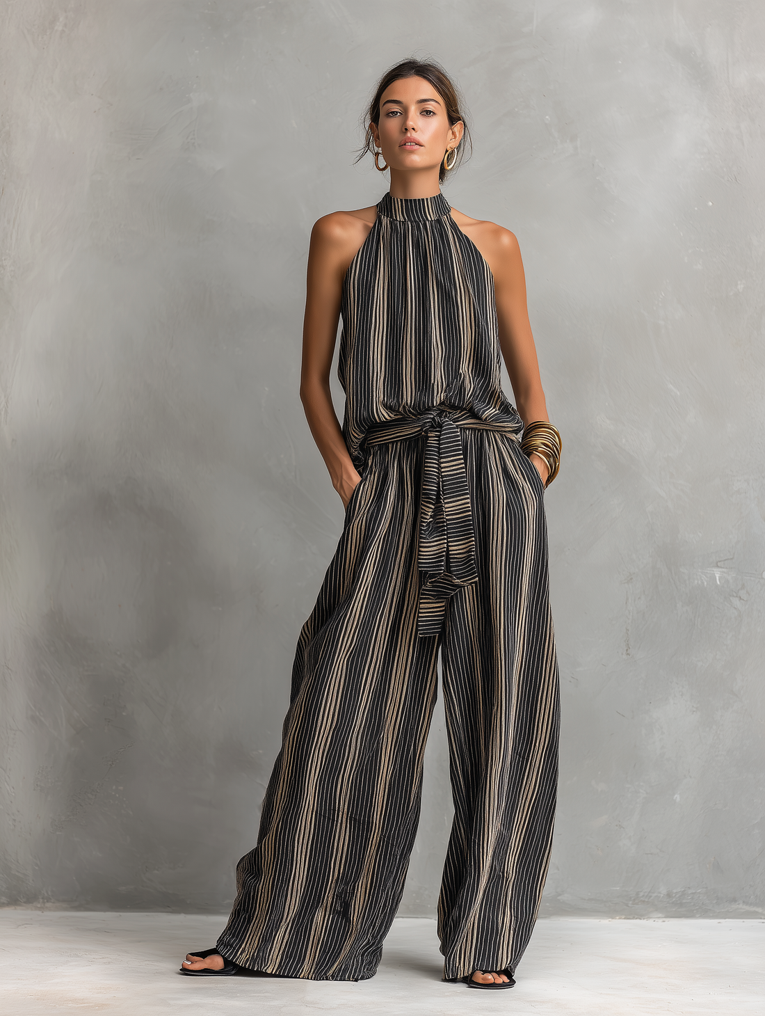 Elegant Striped Printed Woven Sleeveless Round Neck Top with Trousers Set