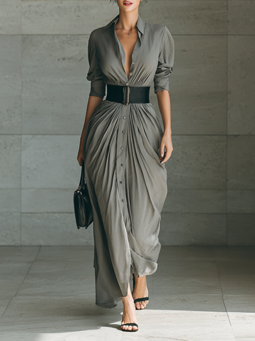 Lapel Long Sleeve Single Breasted Belt Maxi Dress