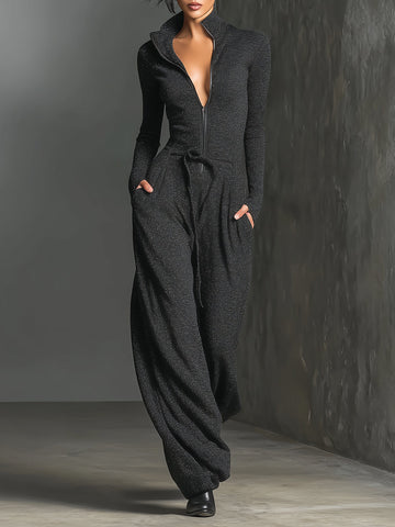 Elegant Knit Sparkling Zipper Front Jumpsuit