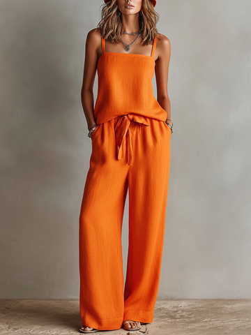 Orange Linen Two-Piece Set Featuring Square Neck Cami Top and Tie-Waist Wide-Leg Pants Timeless Boho-Resort Style