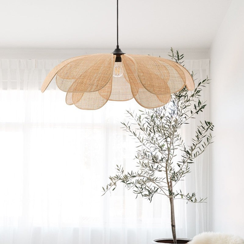 Rustic Pendant Light with Rattan Petal Lamp Shade