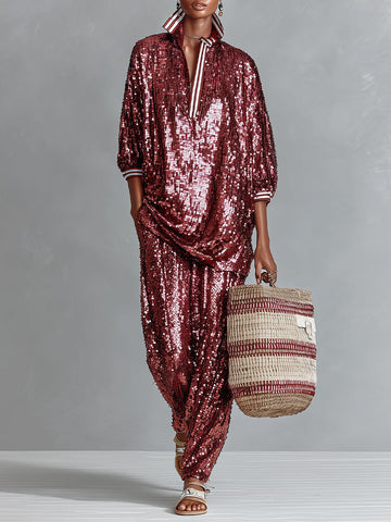 Burgundy Oversized Loungewear Set with Glamorous Sequin Stripes and Trim