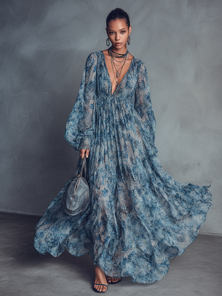 Bohemian Style Blue Floral Print V-Neck Lantern Sleeve Chiffon Maxi Dress