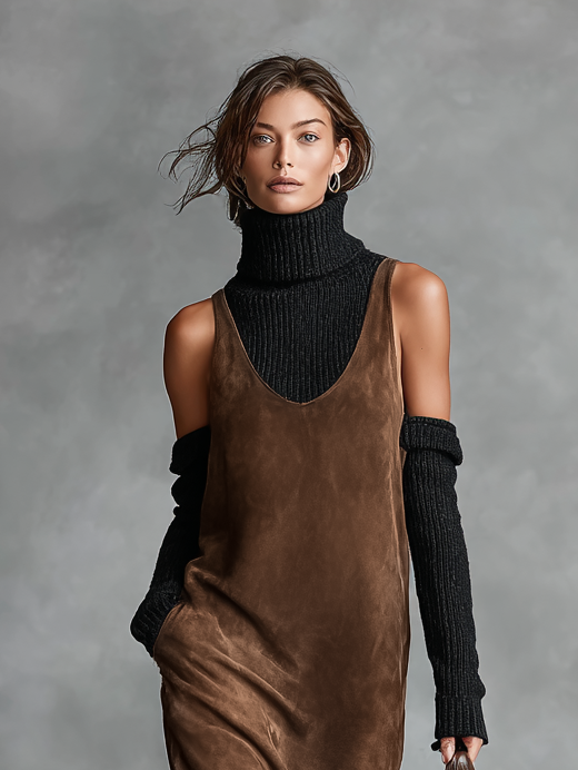 Retro Simple Suede U-Neck Sleeveless Tank Midi Dress